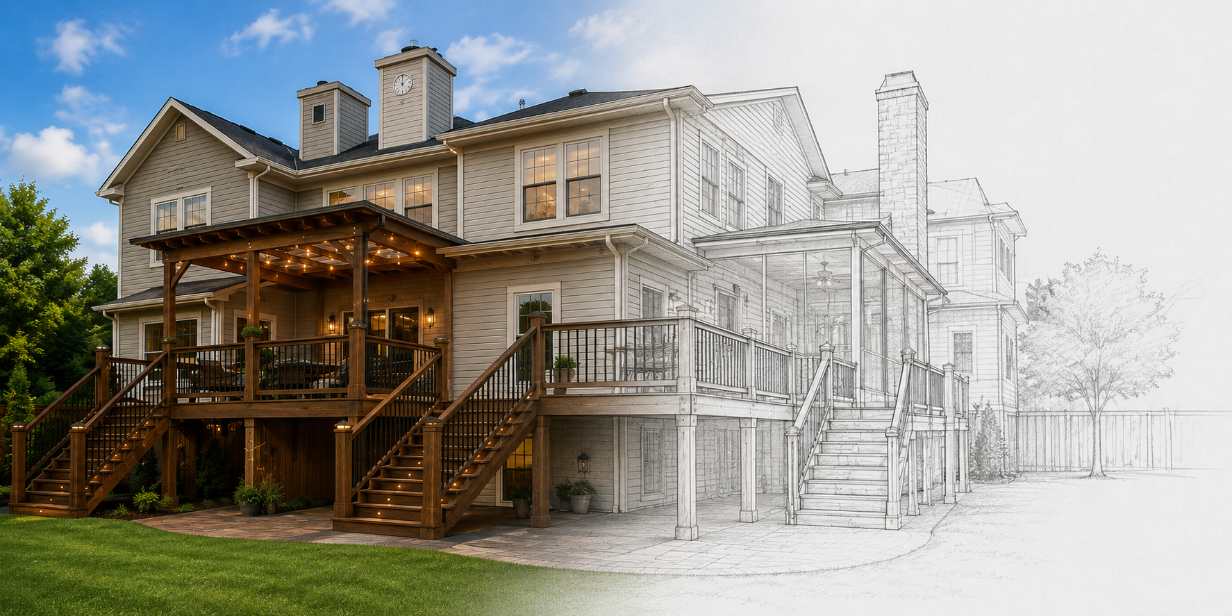 An image that combines the mockup drawings to the real result of a deck build.